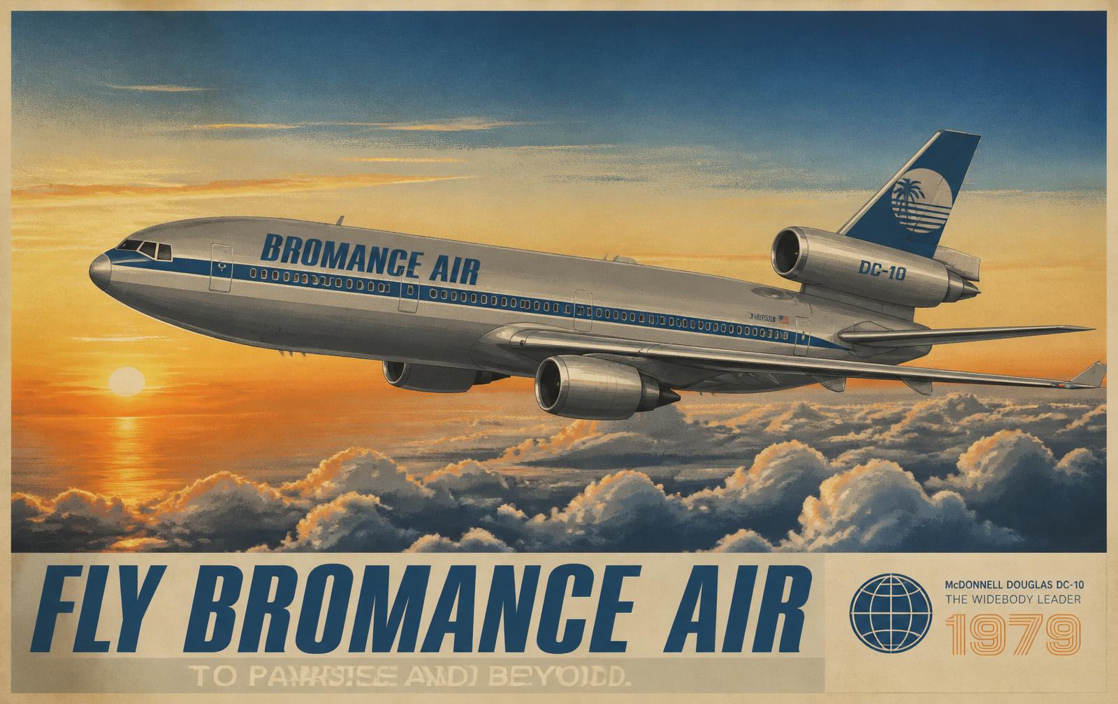 Vintage travel poster of the Bromance Air DC-10 flying above the clouds at sunset